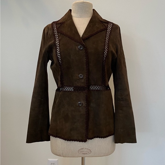 White Stag Womens Vintage Brown Suede Blazer w Macramé Trim Size 4/6 - Picture 2 of 11
